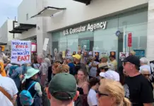 Americans protest against Donald Trump at the consulate in San Miguel de Allende.
