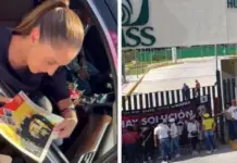 Teachers from the SNTE-CNTE union protest during Sheinbaum’s visit to Chiapas