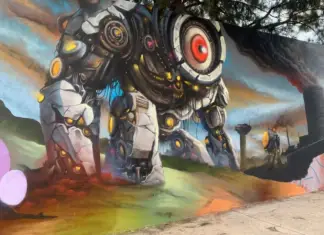 Giant murals fill the Stirling Dickinson stadium in San Miguel de Allende with color